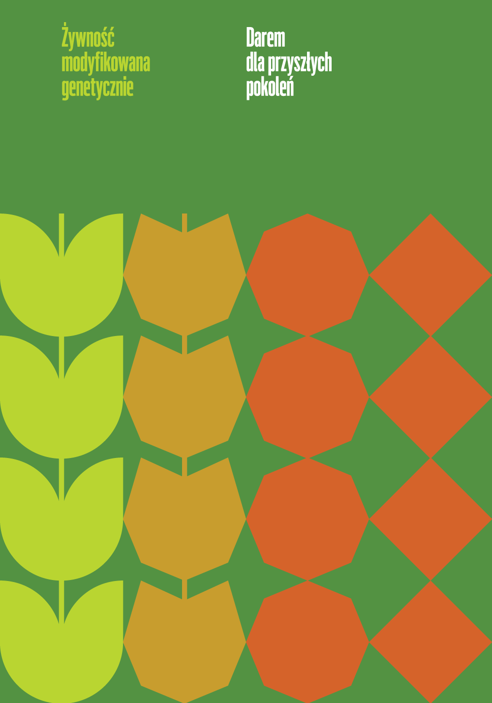A poster showing four vertical lines of various geometric shapes in green and orange.
