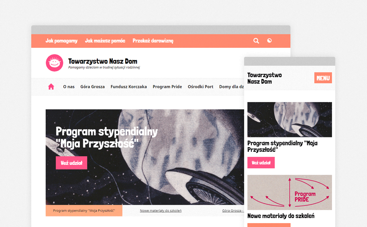 Printscreens from website for Towarzystwo Nasz Dom on Ipad and mobile