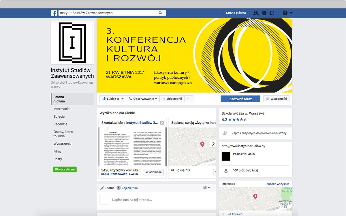 Printscreen from the Institudte for Advanced Studies's facebook page with banner about the conference