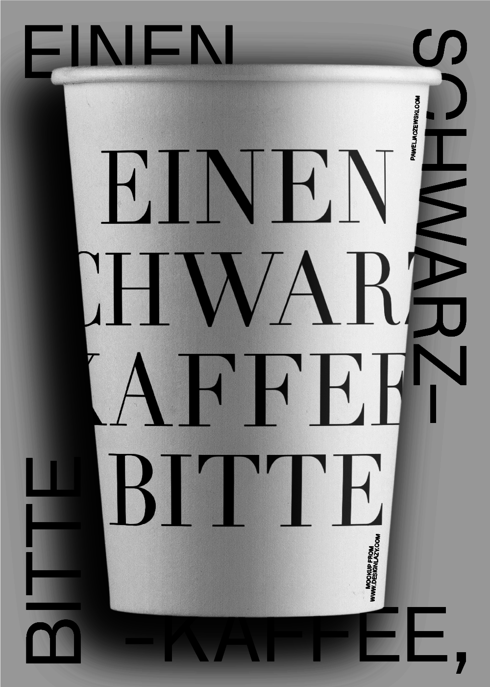 A poster with a cup of coffee and sentence in German: One black coffee, please