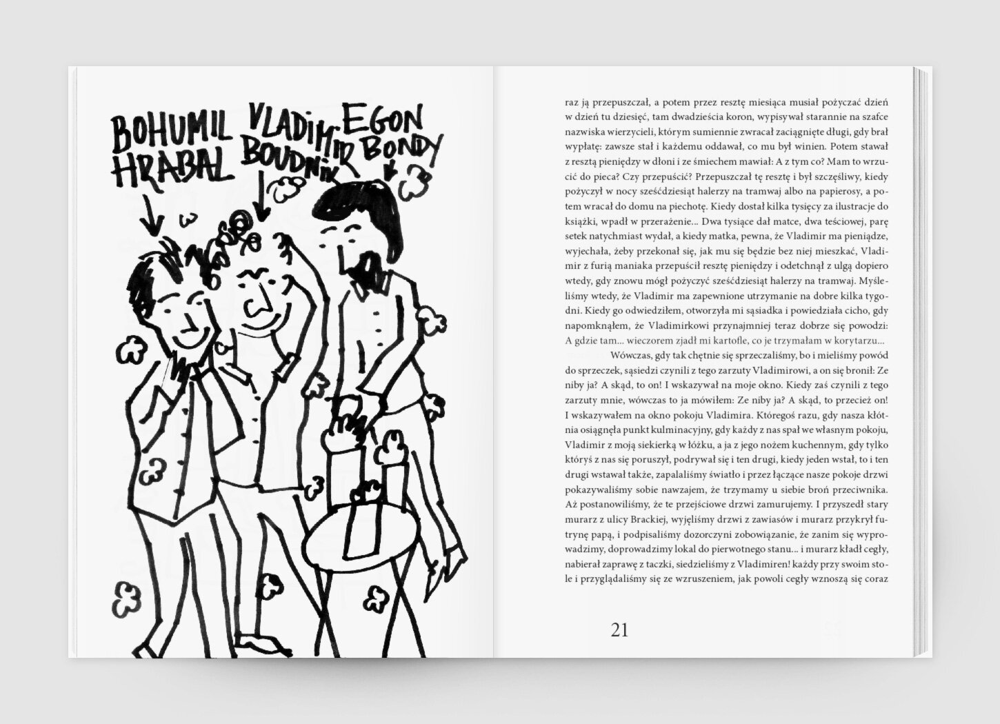 A book spread with a black-and-white illustration of three man drinking beers in a pub