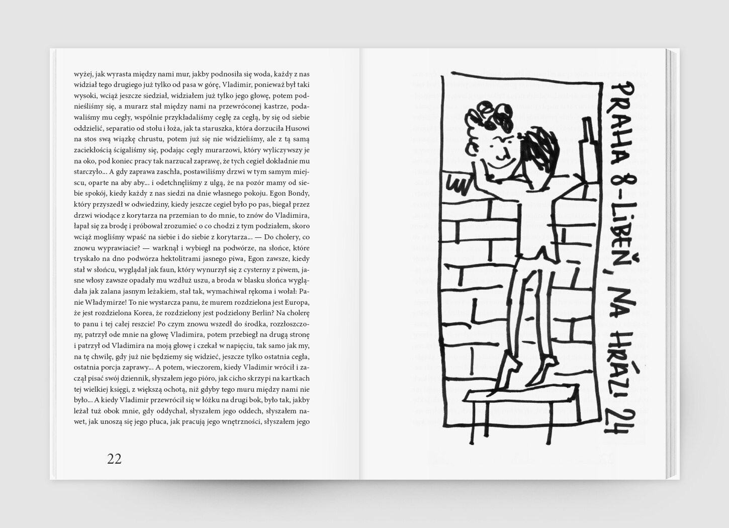 A book spread with a black-and-white illustration of two men drinking vodka on the threshold.