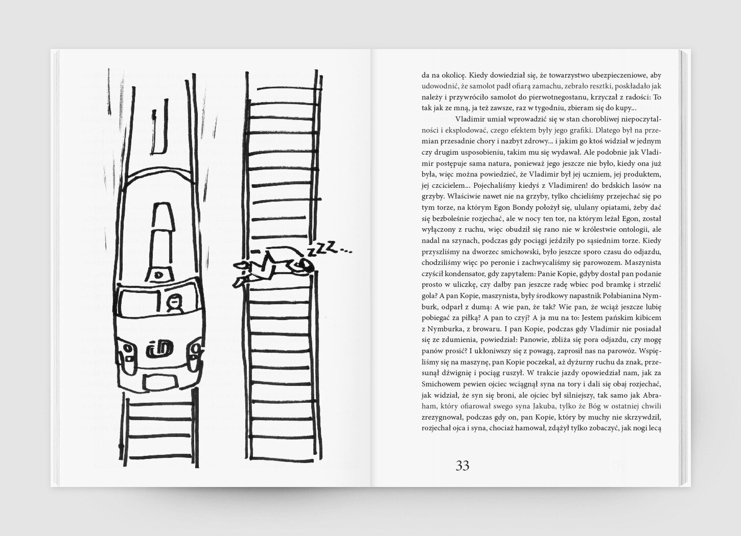 A book spread with a black-and-white illustration of a man sleeping on the rail tracks; a train is running alongside