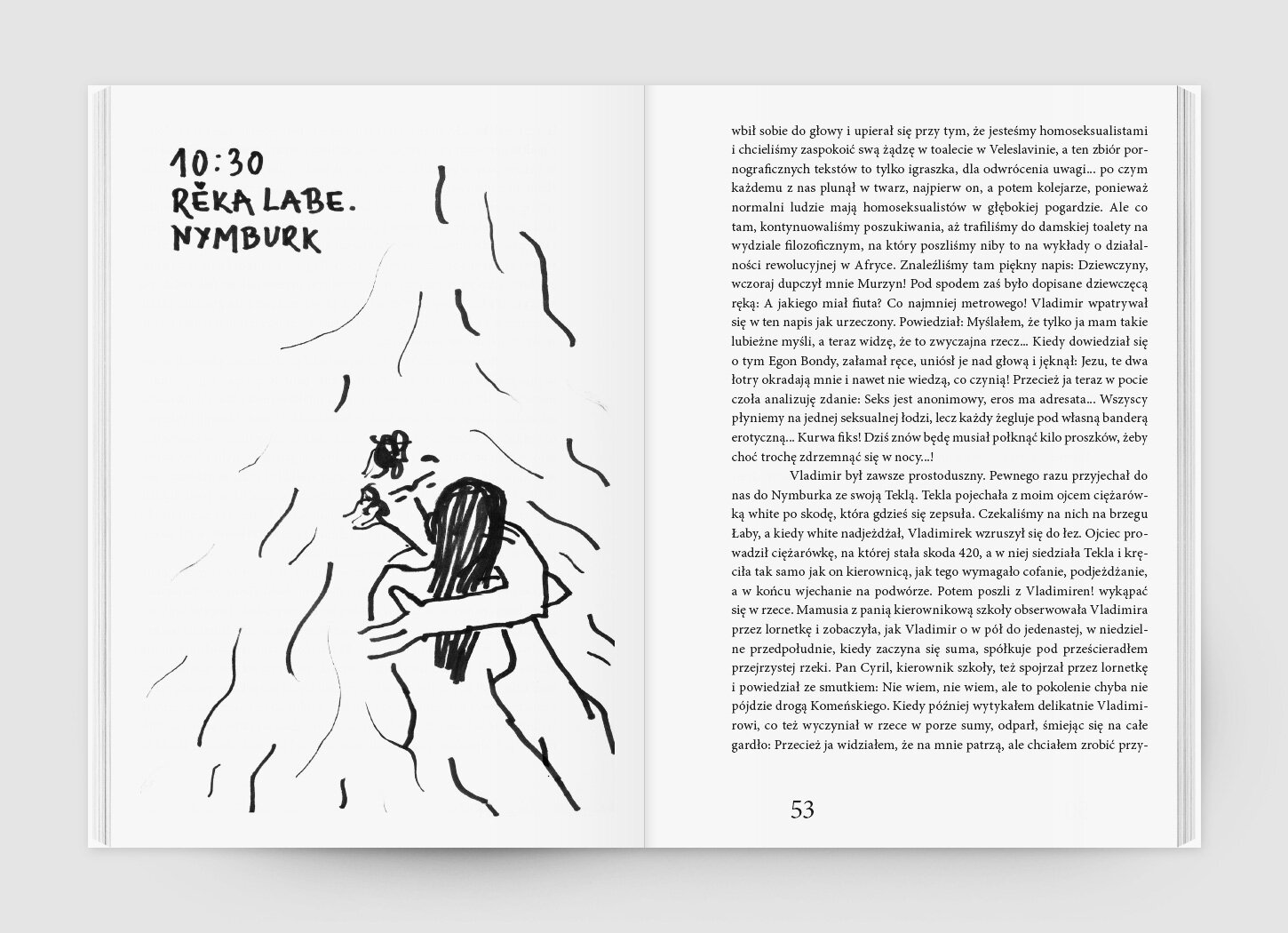 A book spread with a black-and-white illustration of a kissing couple in a river Labe