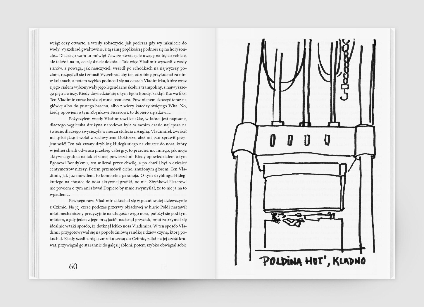 A book spread with a black-and-white illustration