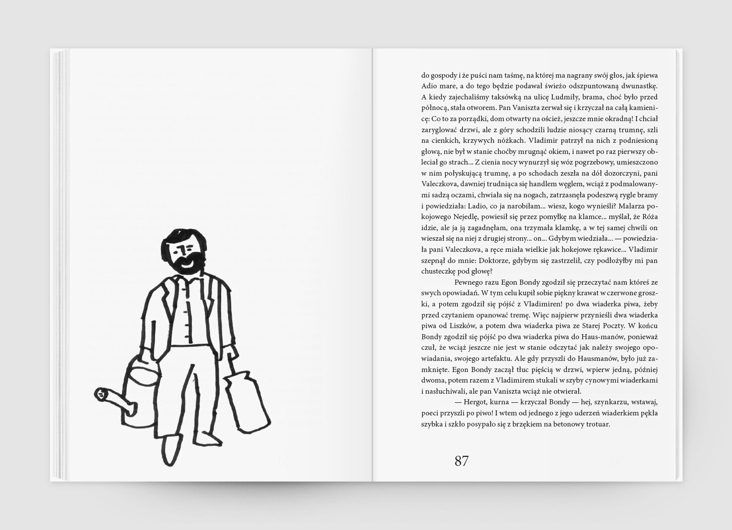 A book spread with a black-and-white illustration of a poet - Egon Bondy