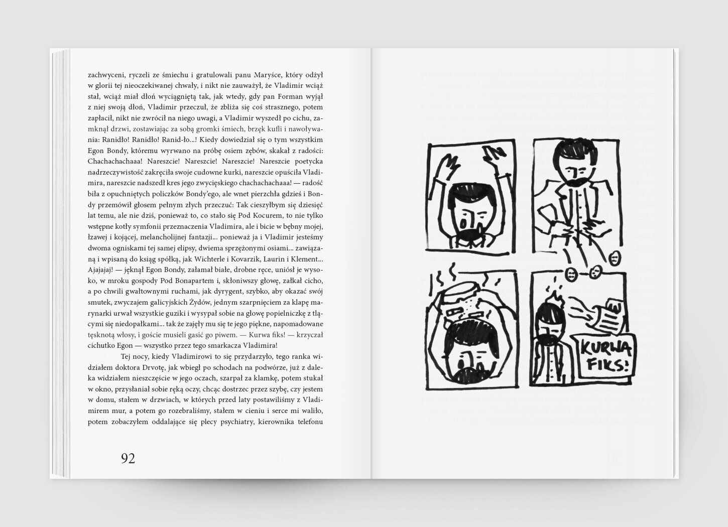 A book spread with a black and white illustration of a poet - Egon Bondy