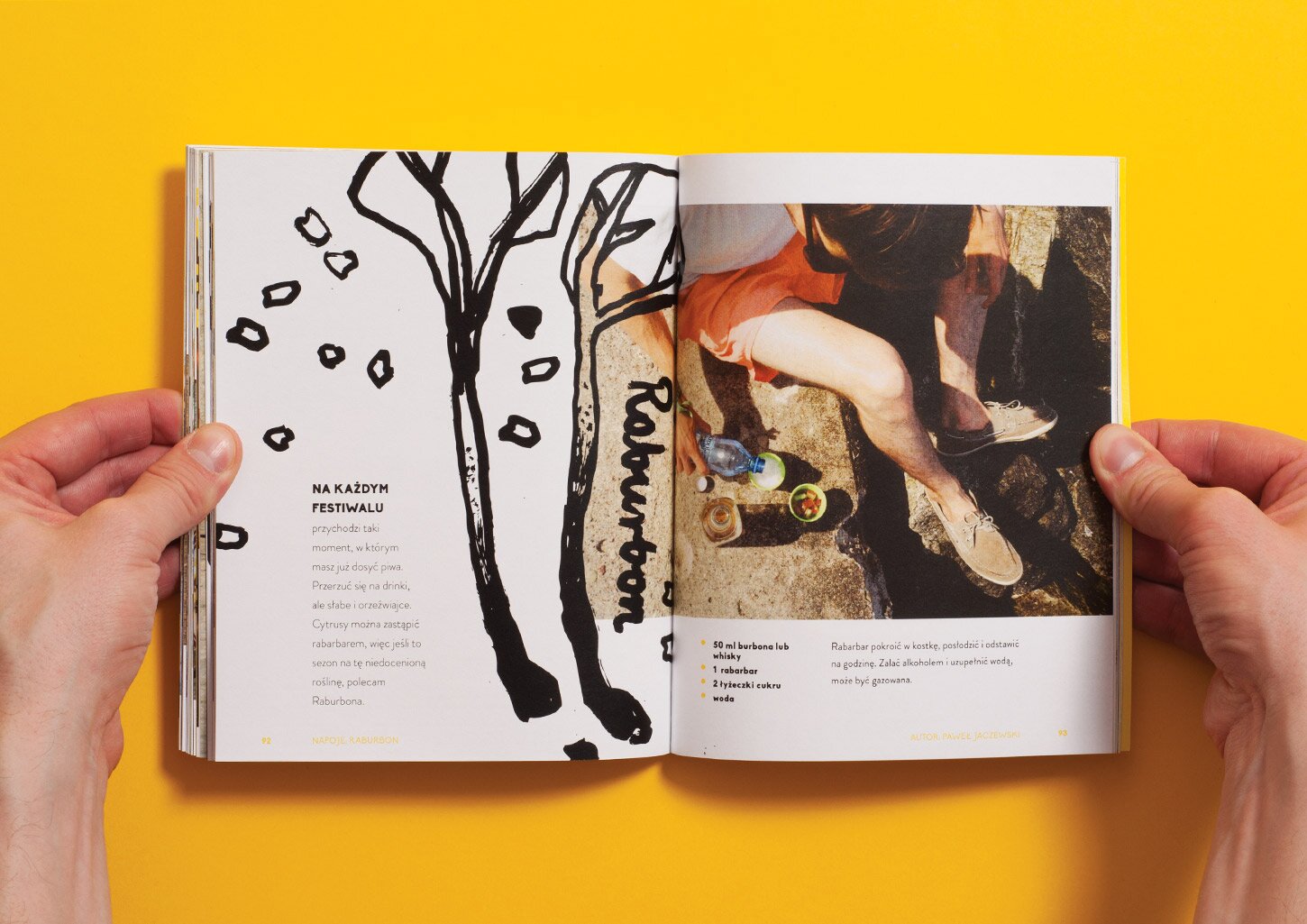 A spread from the UCZTA cookbook with a recipe for a drink with whisky and illustration of rhubarb