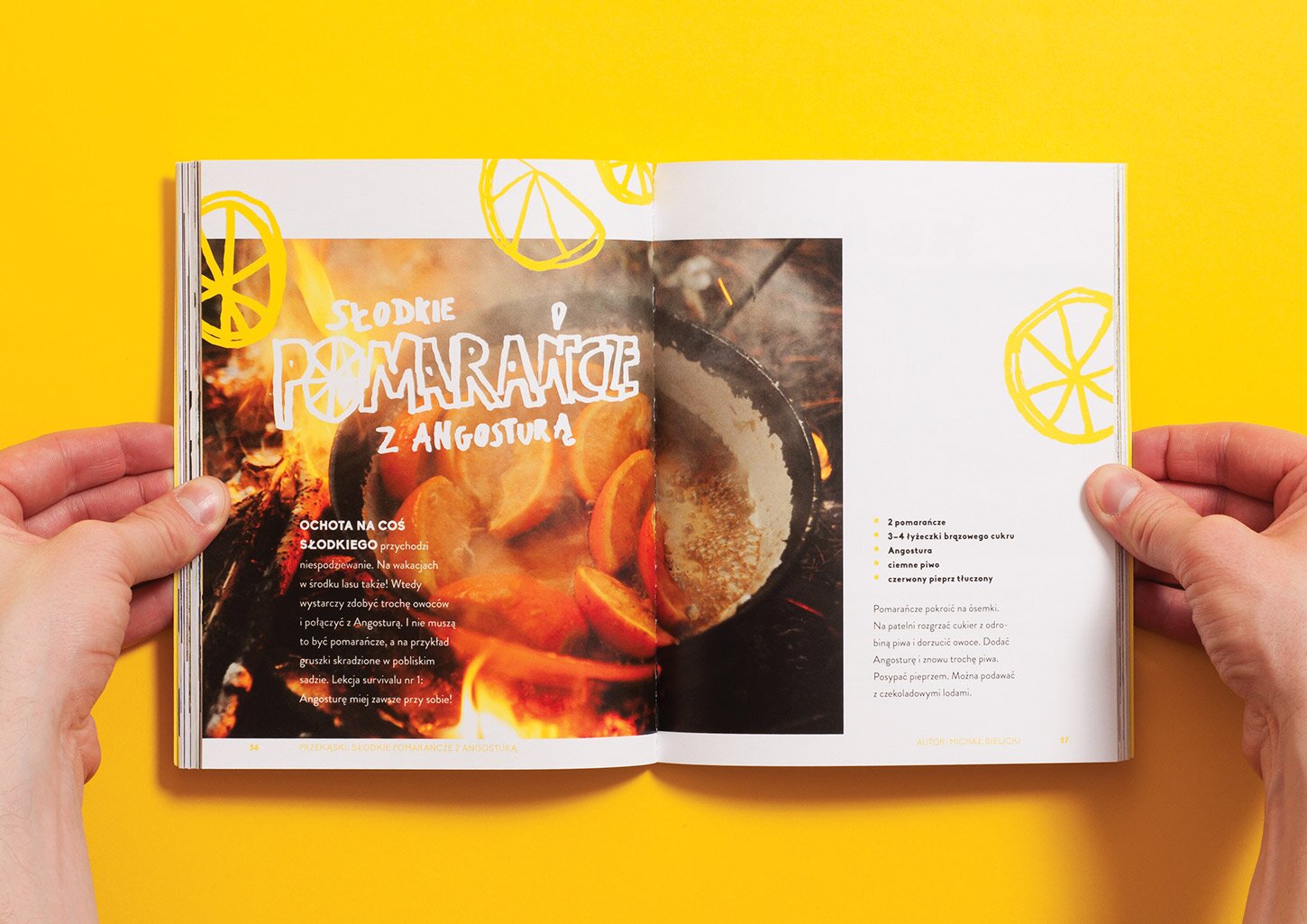 A spread from the UCZTA cookbook with a picture of oranges fried on a pan