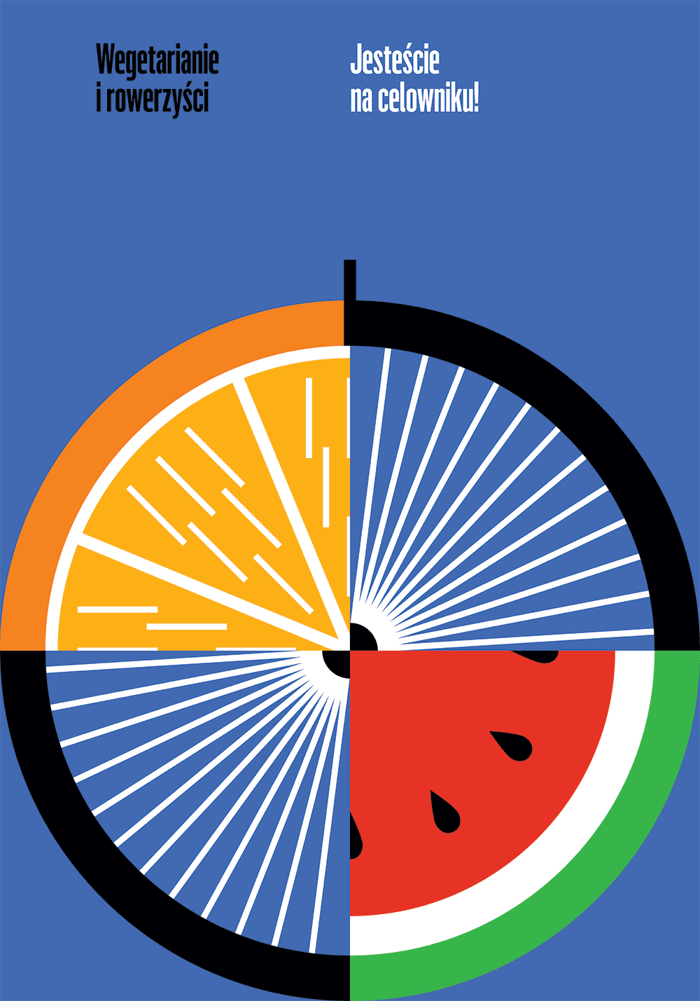 A poster showing a circle divided into four. It looks like a bicycle wheel or a gunsight. One quarter of the wheel looks like an orange, and another one like a watermelon.