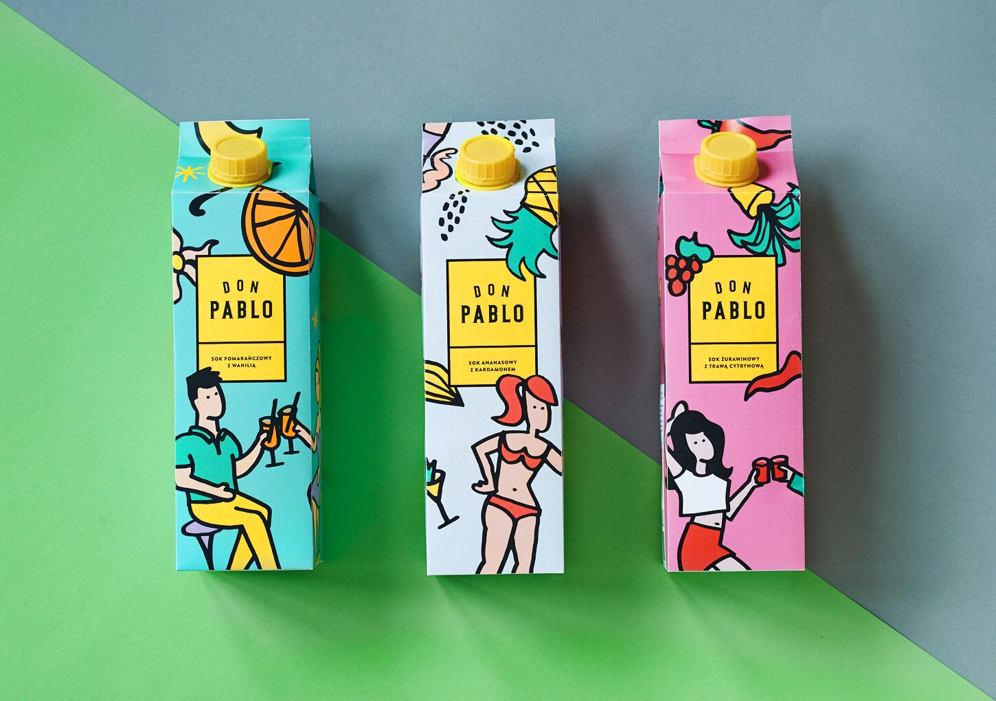 A photography of 3 juice cartons