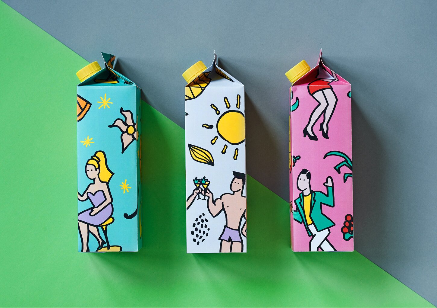 A photography of 3 juice cartons