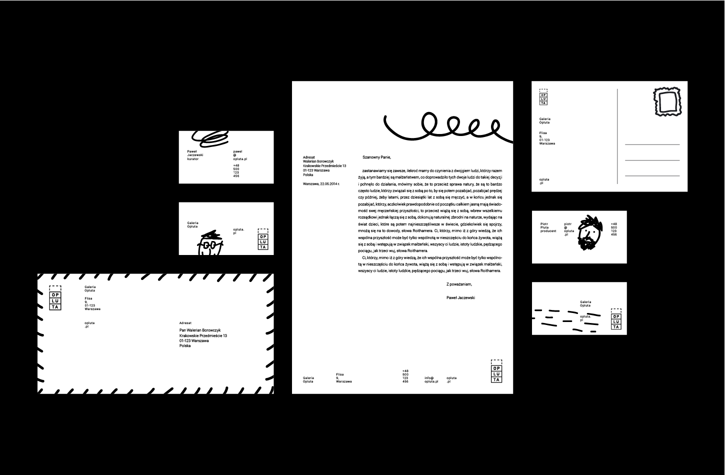 Set of business cards, post card, envelope and letterhead paper on the black background.