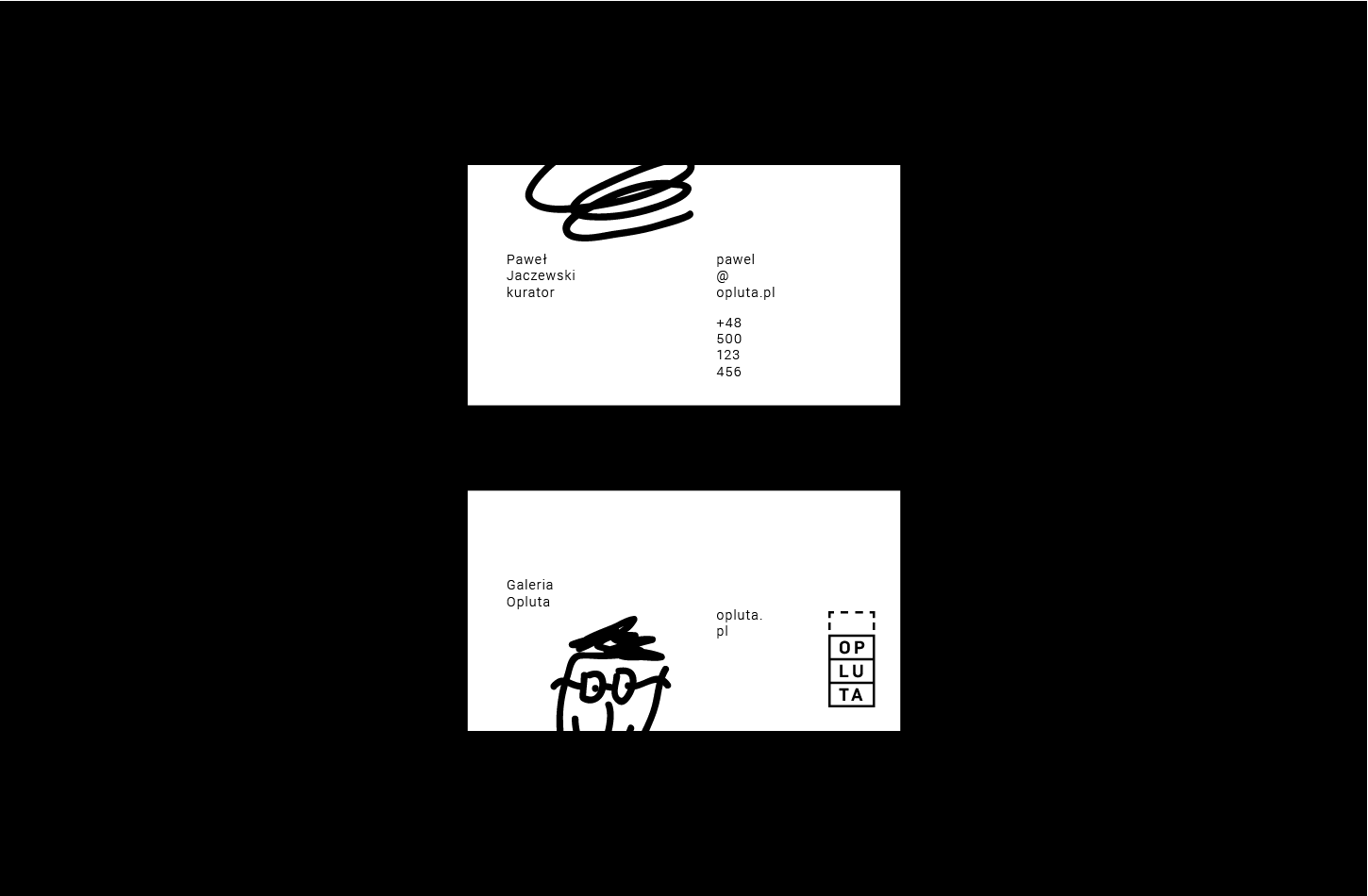 A black-and-white business card on the black background.