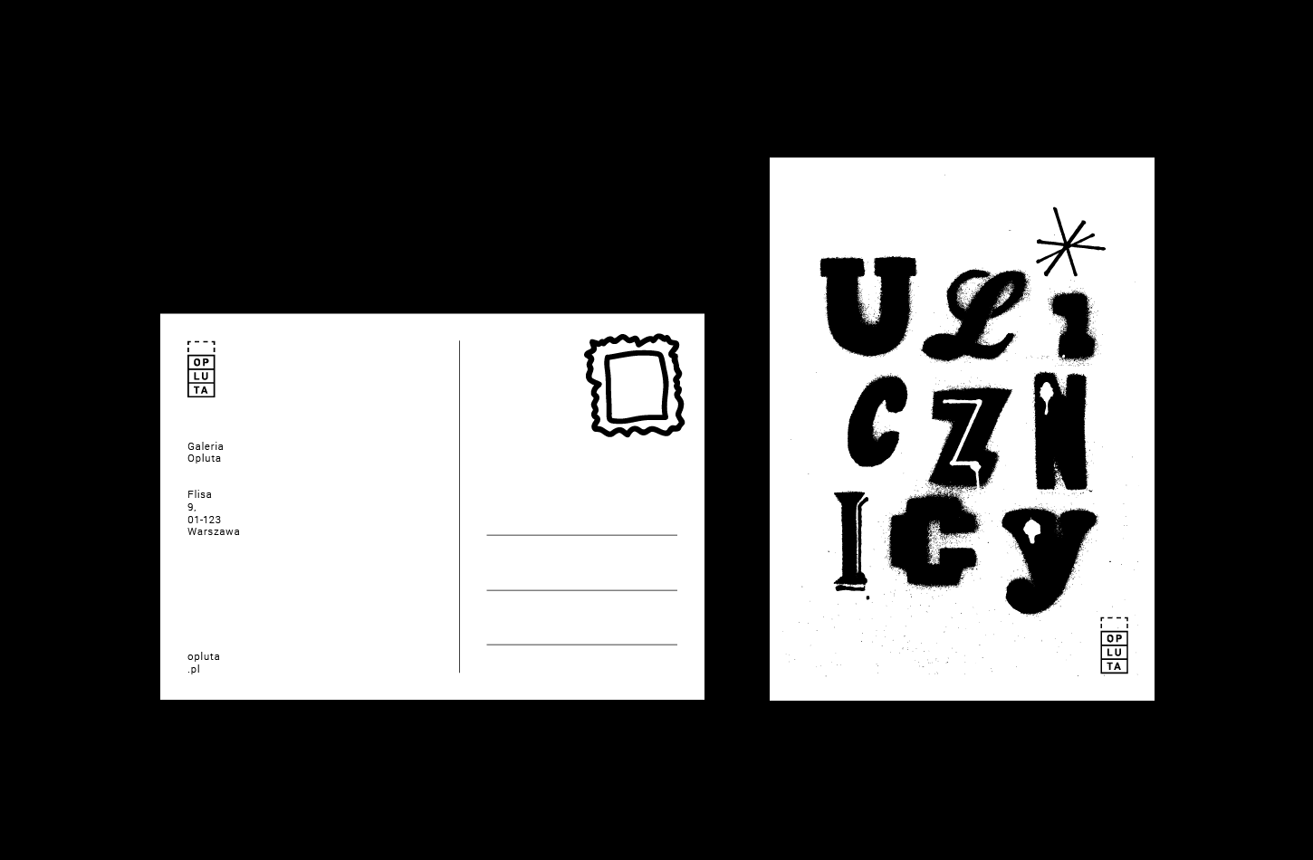 A postcard with a black-and-white illustration on the black background.