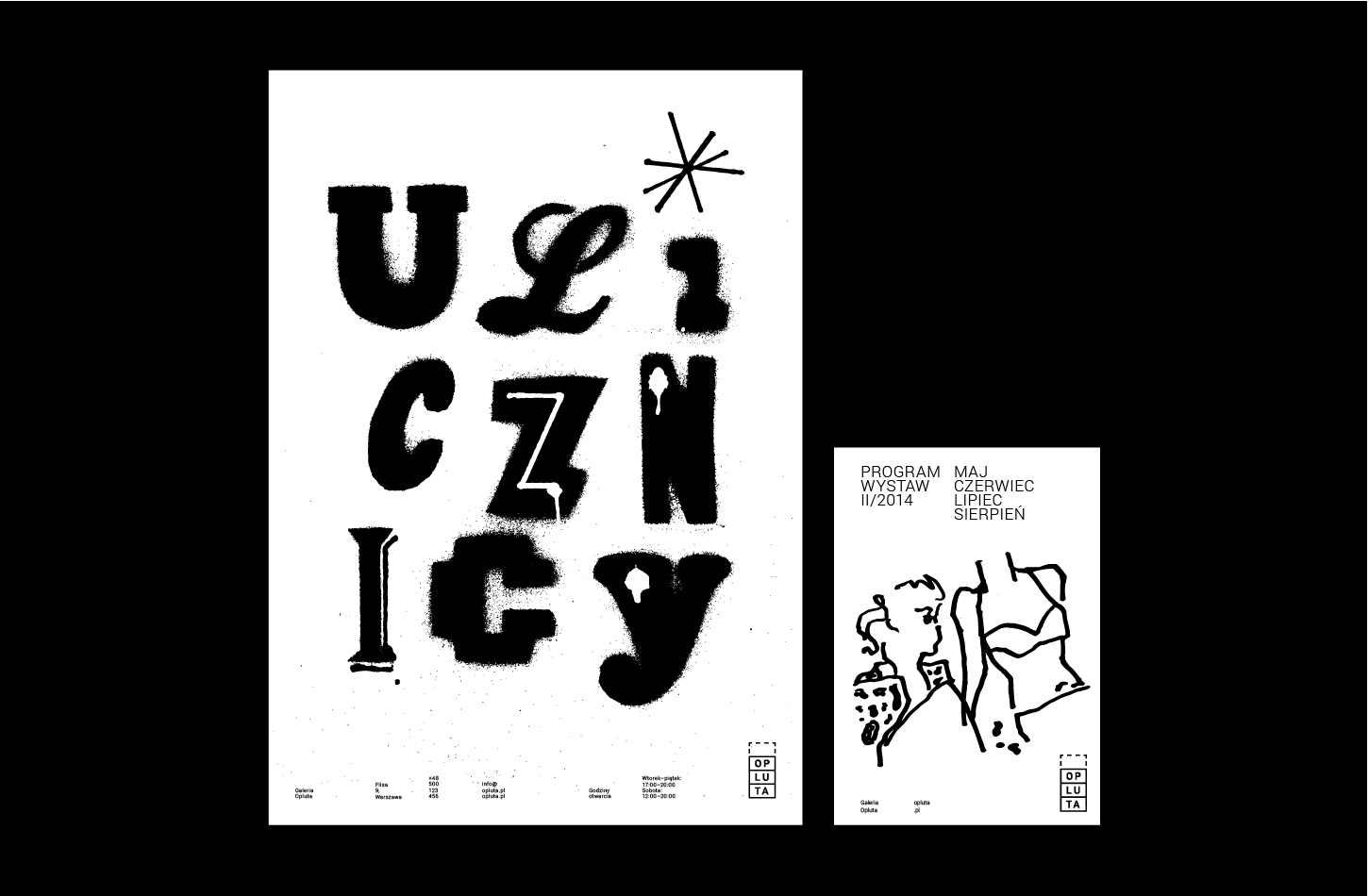 A poster with a black-and-white illustration and an exhibition program with a black-and-white illustration on the black background.