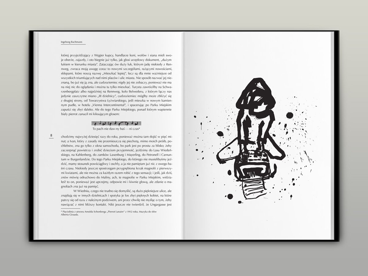 A book spread with a black-and-white illustration of a woman kneeling in front of a typewriter.