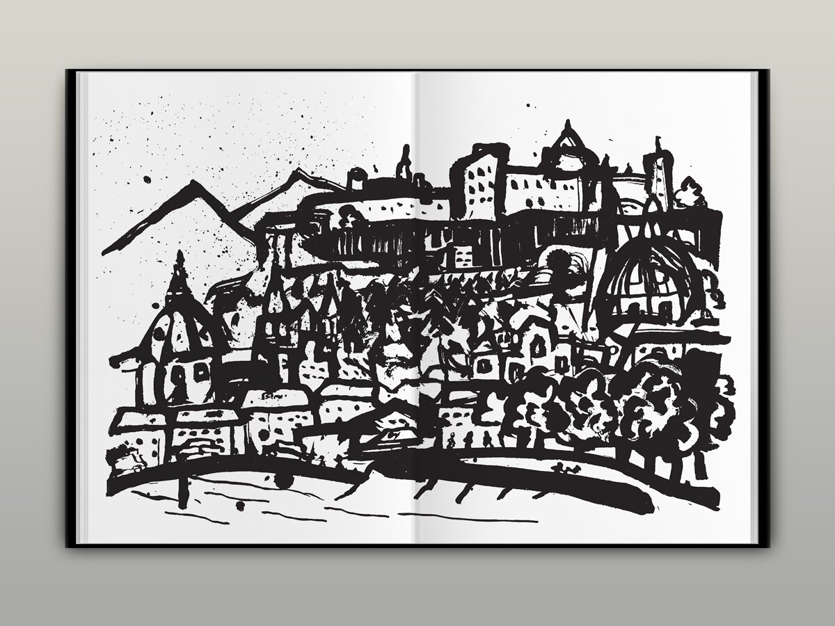 A book spread with a black-and-white illustration of a city panorama.