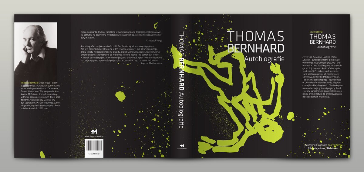 A book jacket with a photography of Thomas Bernhard and an illustration of a man lying upside-down